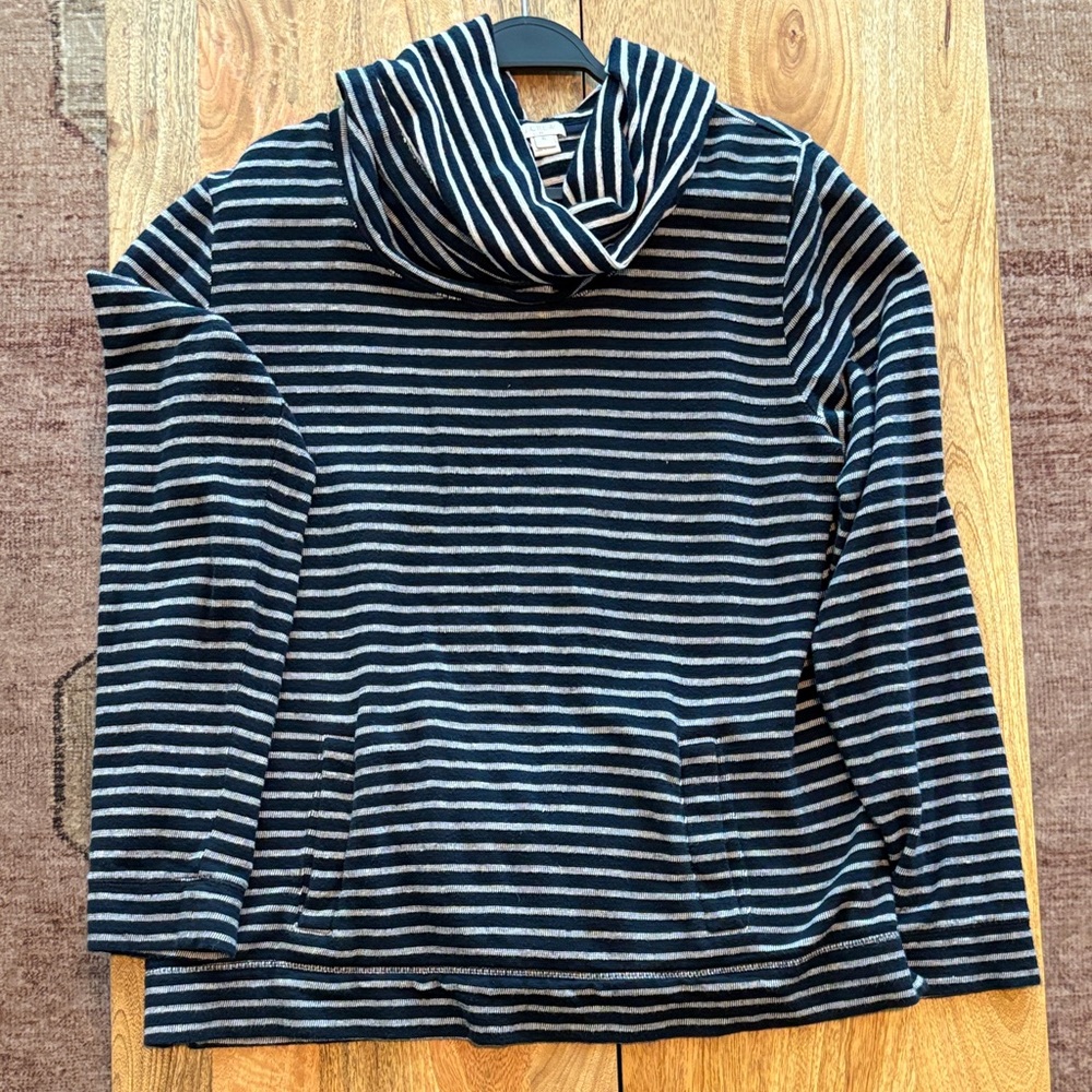 J. Crew Factory Navy and White Striped Cowl Neck Sweatshirt with Kangaroo pocket